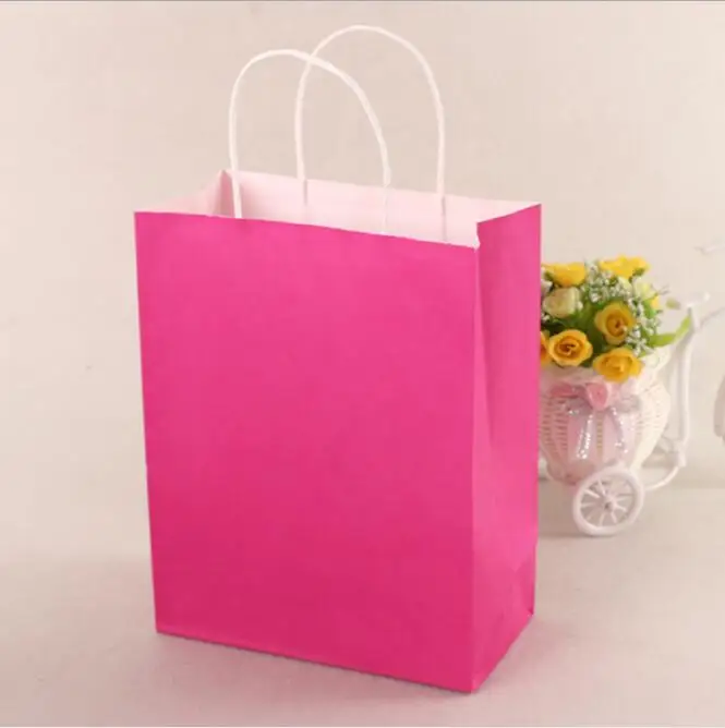 40pcs/lot hot pink paper bag with handle Party Gift Paper Bags Wedding