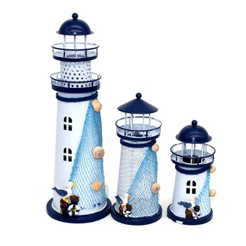 

Romantic Mediterranean Candlestick LED Tin Lighthouse Seven Lights Metal Figurines Home Office Desk Decorative Battery Powered