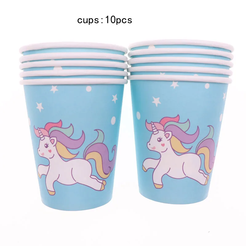 blue cup 10pcs Симпатичные Единорог вечерние принадлежности розовый синий тема тарелки чашки, ребенок, душ вечерние праздничные столовые приборы для девочек свадебные аксессуары - Цвет: blue cup 10pcs