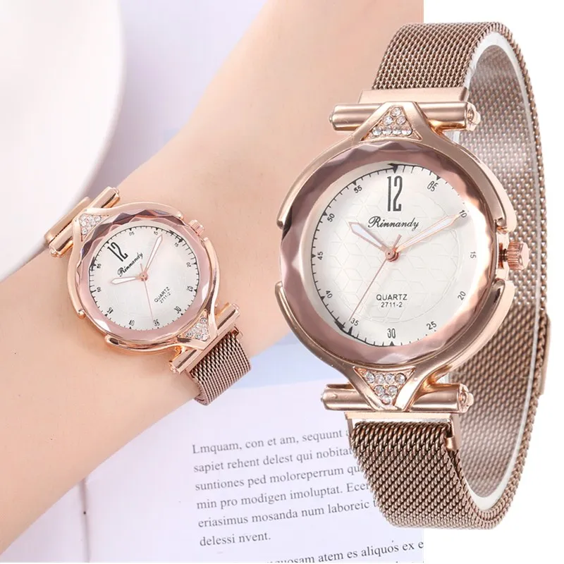 

Women's Bracelet Watch Rhinestone Magnet Buckle Steel Mesh Ladies Watch Rose Gold Female Watch Quartz Movement Women Clock Gift