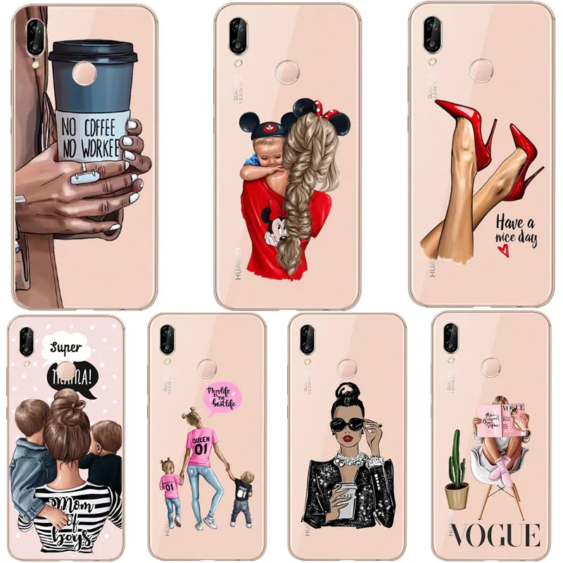 

Vogue Coffee Boss Brown Hair Baby Dad Mom Girl Queen Silicone Phone Case Cover For Huawei P10 P20 Lite P30 Pro Mate 10 20 Pro