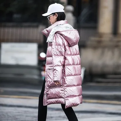 ZURICHOUSE глянцевое зимнее пальто для женщин, длинное пальто,, свободное, с капюшоном, пуховая, с подкладкой, парка, теплая, плюс размер, пуховик для женщин - Цвет: Silver pink