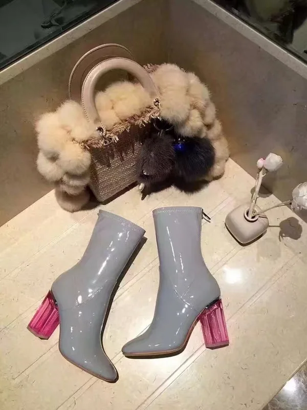 

New Fashion Arrival Patent Bling Leather Transparent Rose Red Square Heel Sexy Pointed Toe Red Women Short Boots