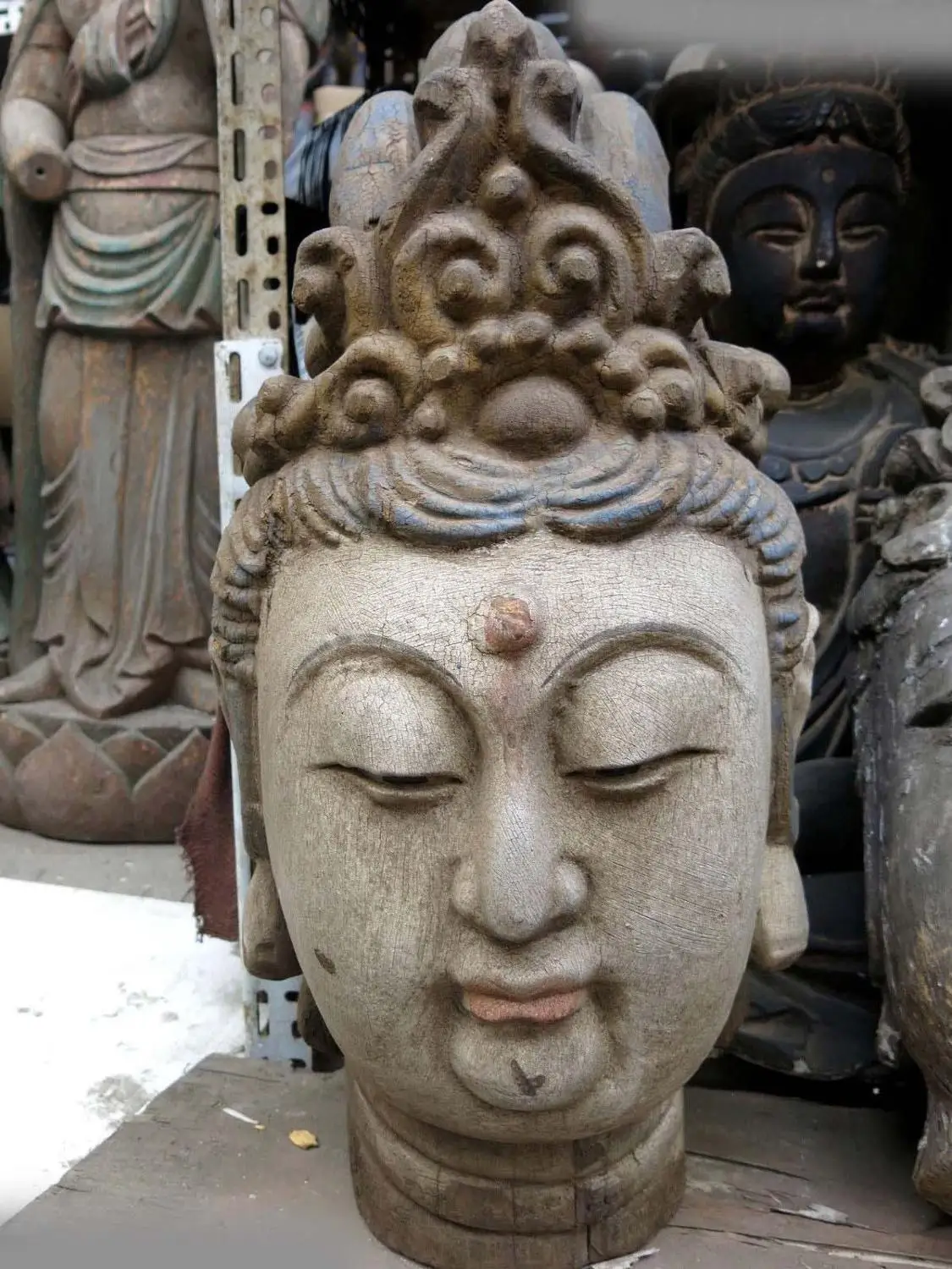 

26" China old wood handmade carved buddhism Kwan-yin head sculpture statue A(0505)