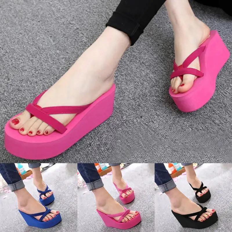 

Summer Sweet Women High Heel Flip Flops Slippers Wedge Platform Beach Home Flat Slipper Female Sandals Black/Blue/Rose