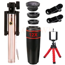 12X Telephoto Zoom Lenses Wide Angle Macro Fisheye lens For iPhone Cell Phone Lentes Kit Telescope Selfie Stick Mobile Tripod