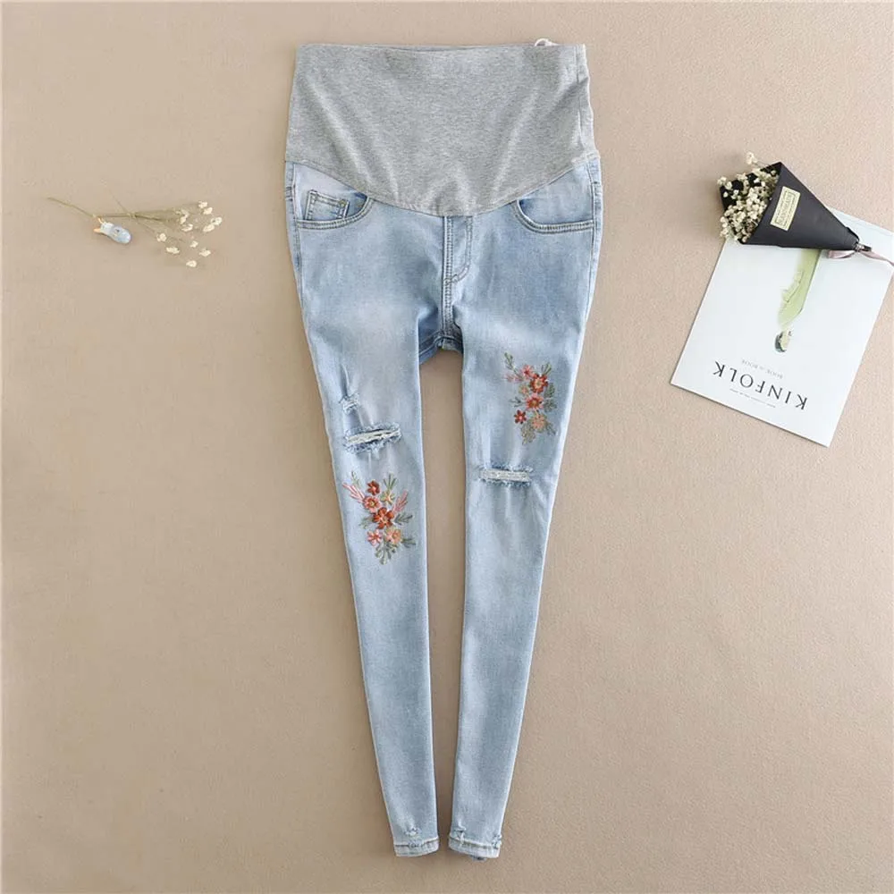 

Maternity Jeans Fashion Embroidery Flower Pregnancy Clothes Ripped Hole Pencil Trousers Pants for Pregnant Women