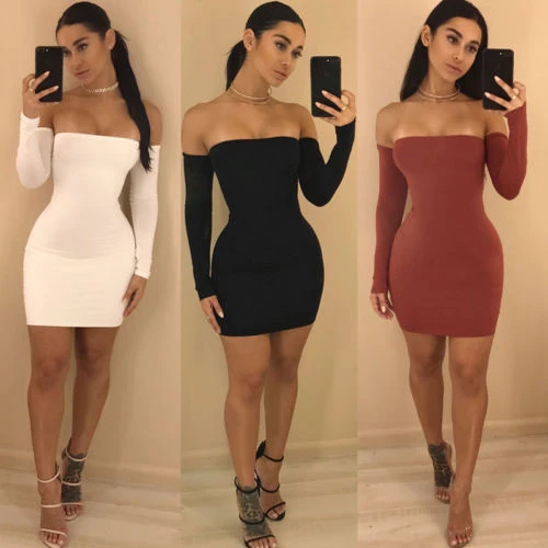 New Fashion Hot Sexy Bandage Bodycon Party Club Off Shoulder Long Sleeve Pure Color Short Mini Dress _ - AliExpress Mobile