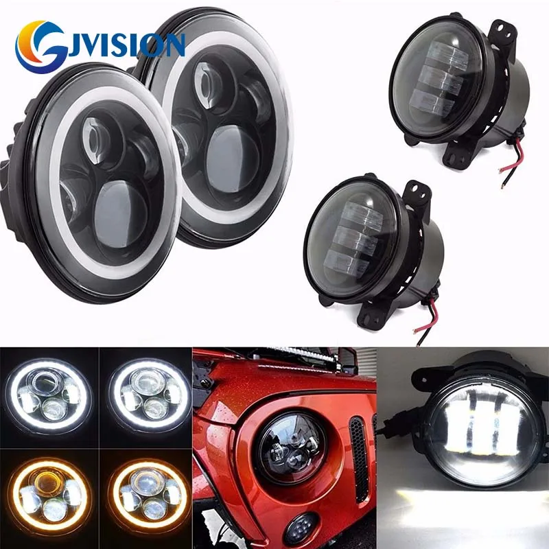 For 4 inch Jeep fog light + 7'' 40W LED Headlights with White DRL