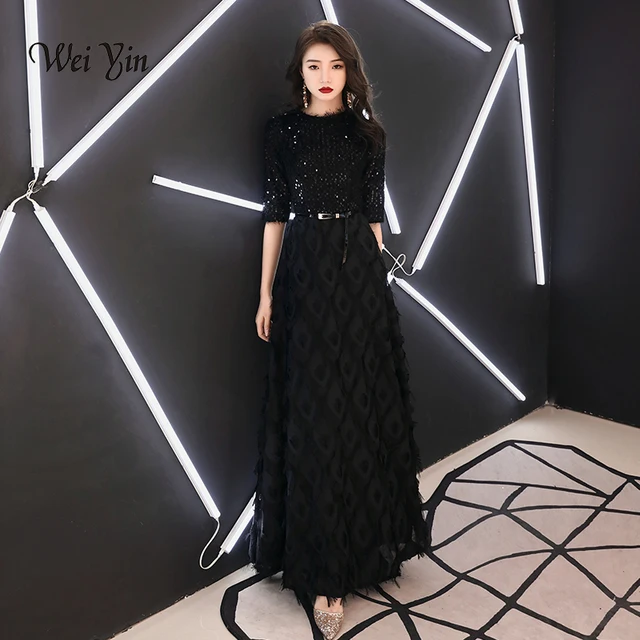 wei yin 2021 New Evening Dresses The Bride Elegant Banquet Black Half Sleeves Lace Floor-length Long Prom Party Gowns WY1342 1