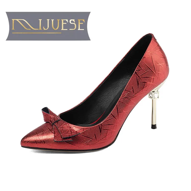 

MLJUESE 2018 women pumps Genuine leather slip on autumn spring spike heels Butterfly-knot round toe high heels