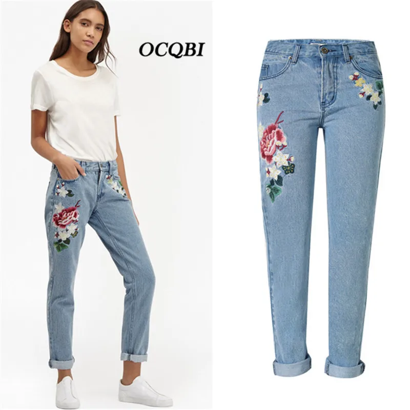 Plus Size Embroidered Floral Jeans In 