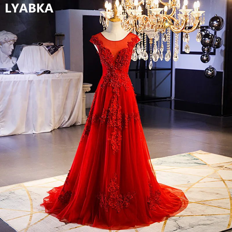 

Scoop Neck Evening Dress Elegant Robe De Soiree Red Tulle With Appliques Evening Dresses Long Dress 2019 Design Vestido De Festa