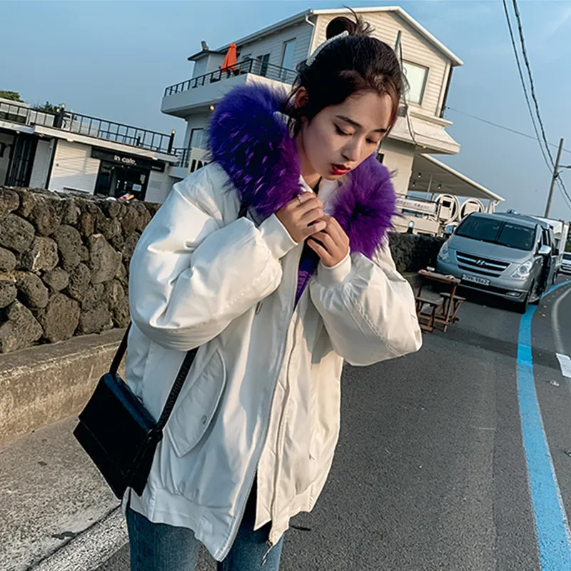 

Fashion Winter Fashion Long Sleeve Cotton Clothing 2019 Women's White With Fur Collar Down Cotton Coat Loose Large Size S-L