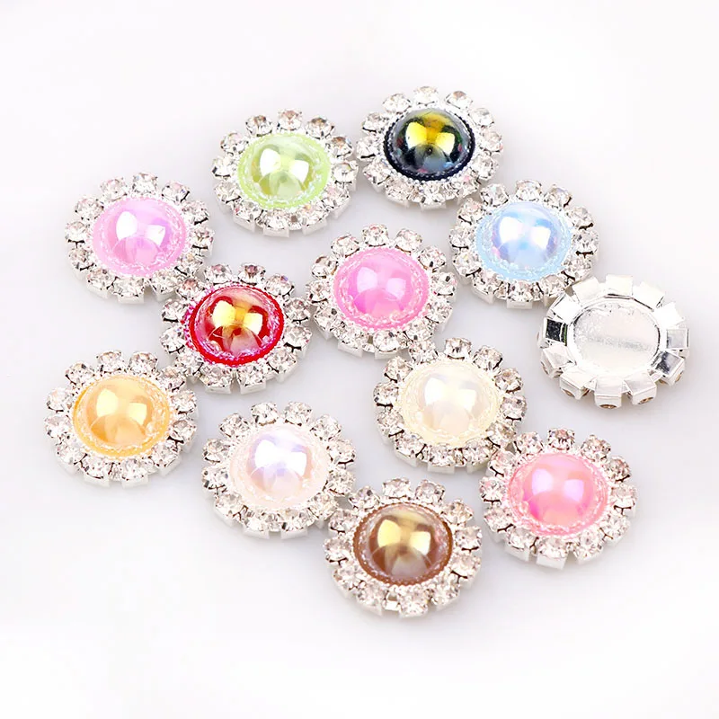 

10 Pcs 16mm Inner 10mm Round Pearl AB Color With Rhinestone Cabochon Setting Pearl Button Brass Silver Tray DIY Jewelry Charms