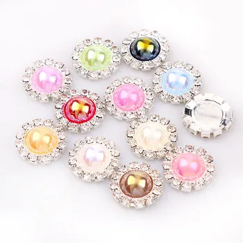 

10 Pcs 16mm Inner 10mm Round Pearl AB Color With Rhinestone Cabochon Setting Pearl Button Brass Silver Tray DIY Jewelry Charms