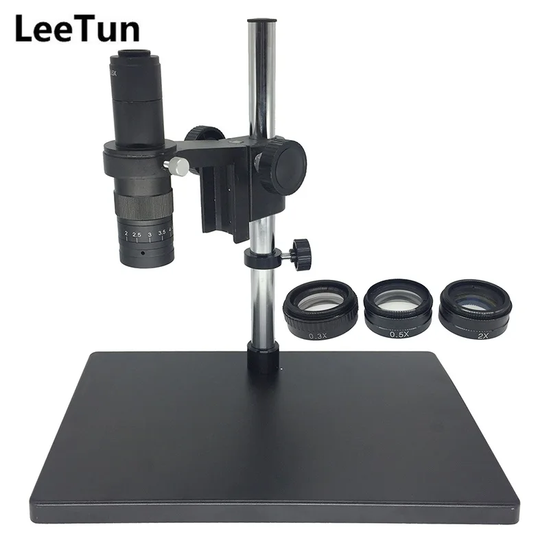 

LeeTun 0.5X 10-180X Zoom C-Mount Lens with Big Size Heavy Duty Adjustable Boom Table Stand 50mm 0.3X 0.5X 2X Barlow AUX Lens