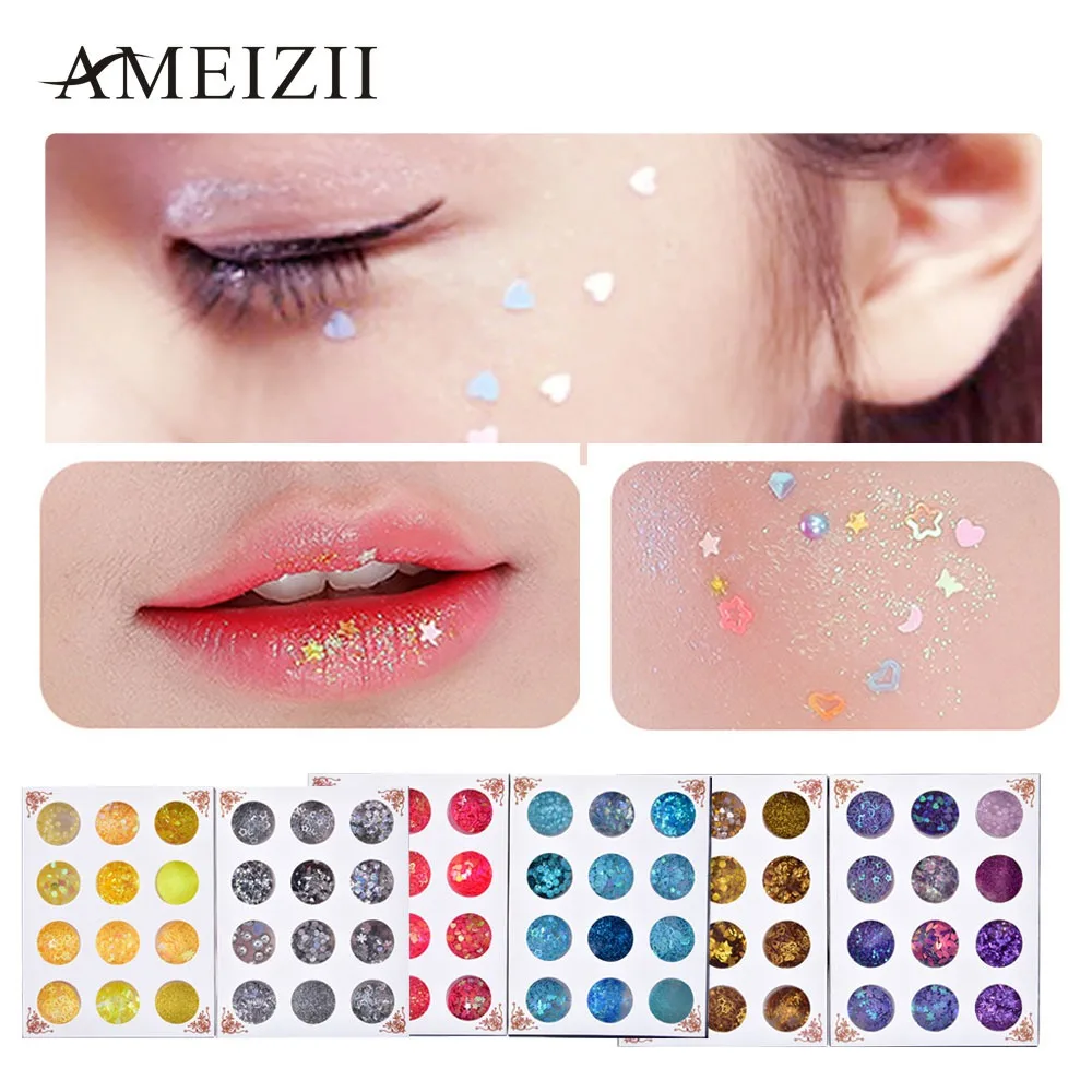

AMEIZII 12 Boxes Body Glitter Mixed Flake Chunky Glitter Eyeshadow Sequins Nail Face Eye Shadow Shiny Festival Makeup Tools Kit