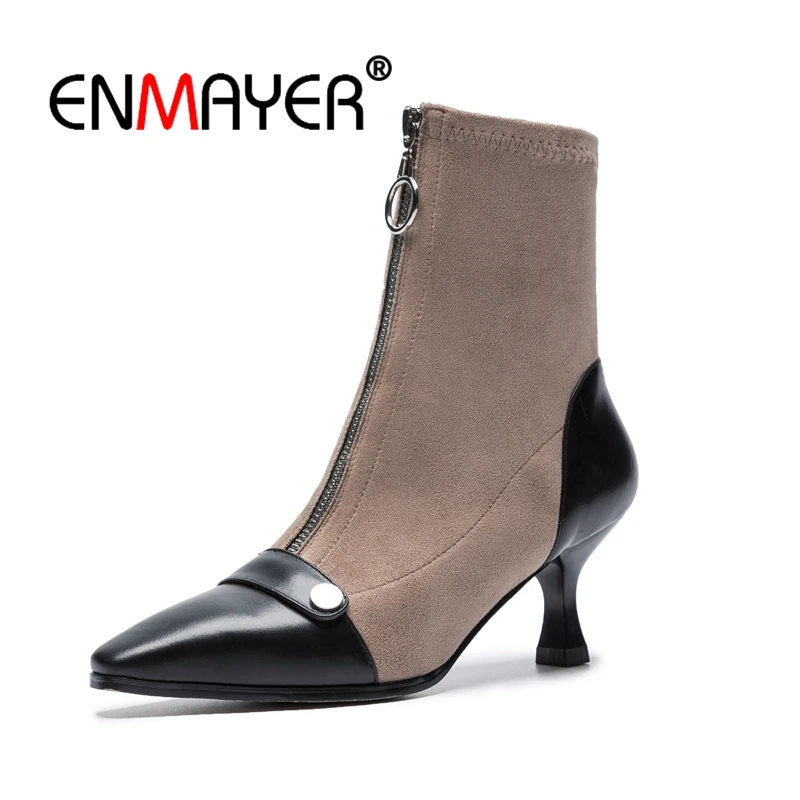 Chaussures Pour Mince Patchwork agb Vache Femmes Pointu Talon Zipper Daim black Femme Bottines Beige Hiver brown Hauts Bottes Enmayer Botte En Courte Bout Cr1396 Talons l15uFcKJT3