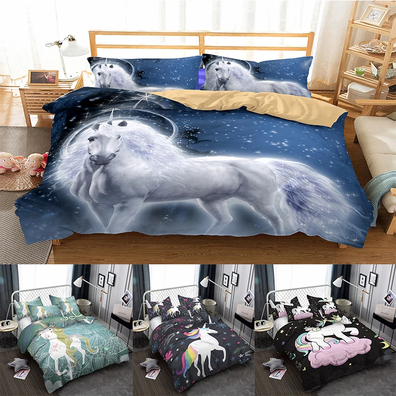 

Animals Bedding Set Animal Unicorn Bed Cover Set King Sizes Flowers Lotus Home Textiles 3pcs Luxury M $