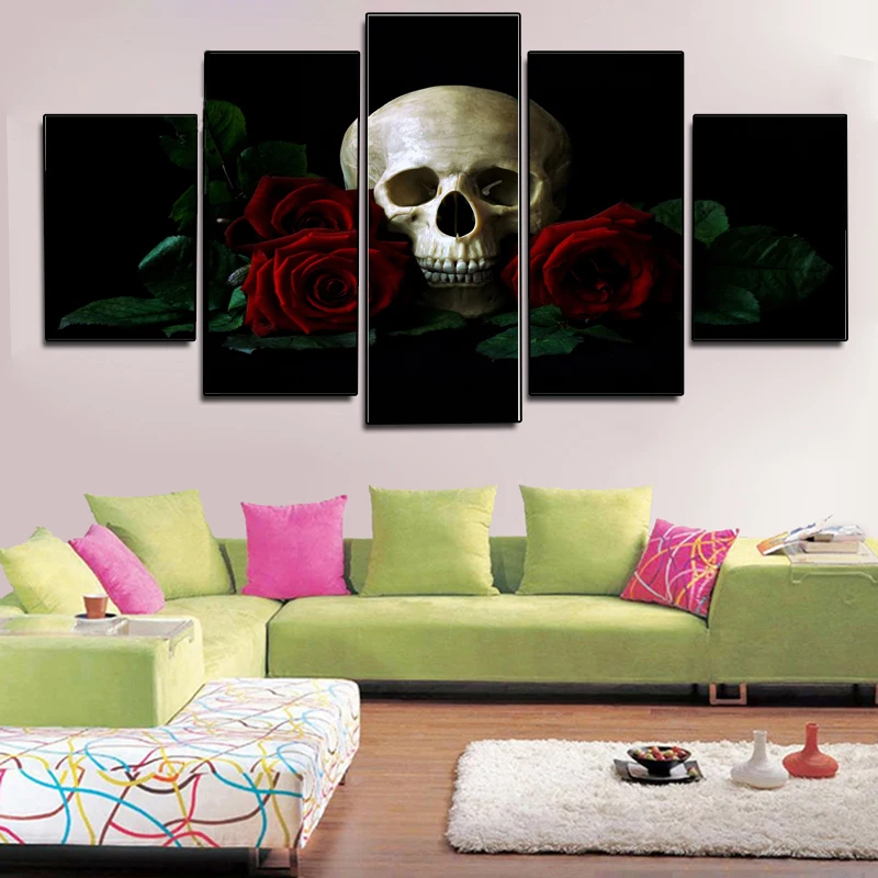 Rose and Skull Still Life Modern Canvas Painting 5 Pcs Wall Art Modular Flower Pictures For Living Room Cuadros Decoracion | Дом и сад