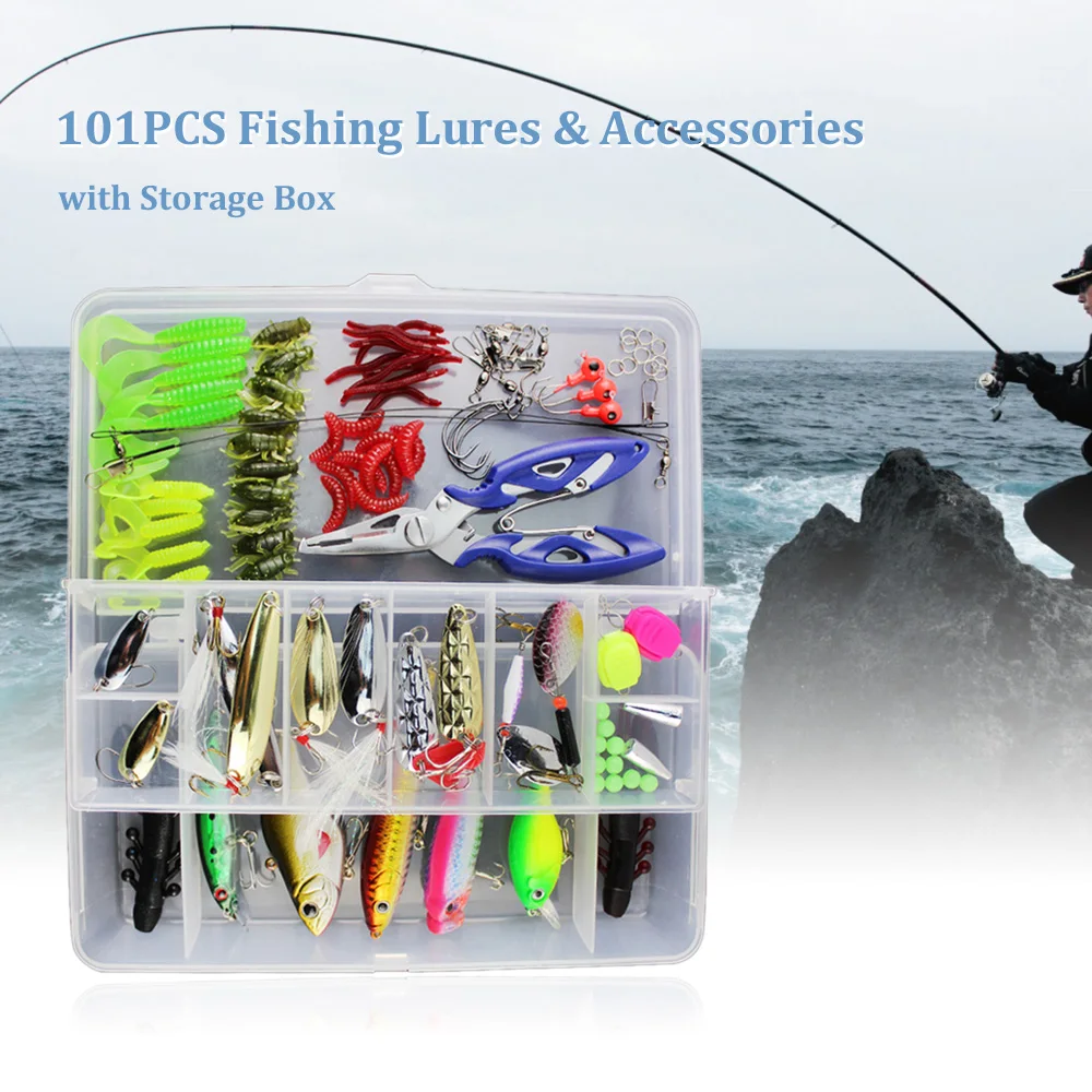 

Fishing Lure 73pcs/101pcs/132pcs Mixed Minnow/Popper Spinner Spoon Metal VIB Lure Hooks Artificial Bait Fishing Lure Kit Set