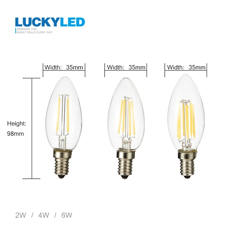 LUCKY светодиодный светильник в форме свечи E14 2 Вт 4 Вт 6 Вт AC 220 В 240 В Ретро стеклянная лампа Эдисона под старину винтажный C35 светильник накаливания 360 градусов