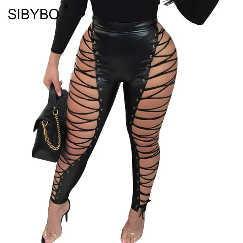 Sibybo Lace Up Hollow Out PU Sexy Pants Women Fashion High