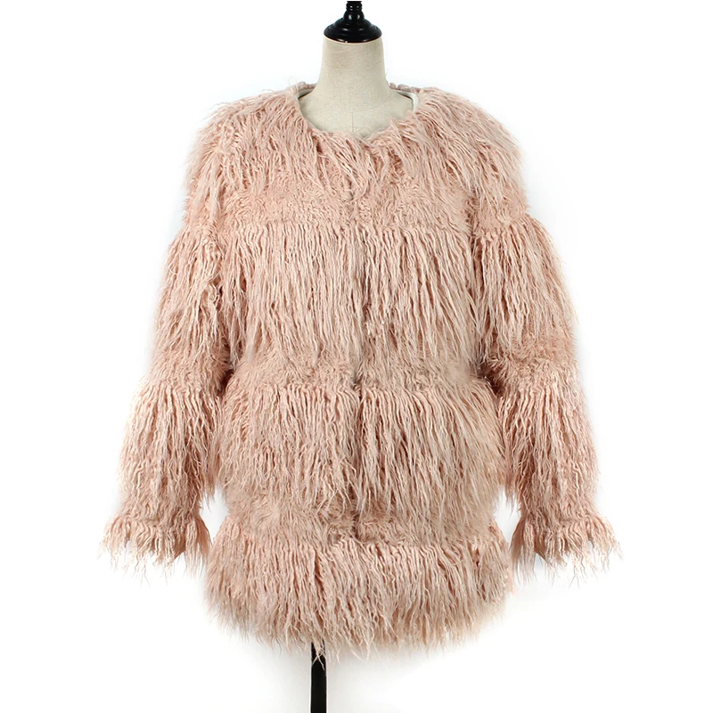 Элегантное длинное пальто из искусственного меха для женщин шикарная пушистая поддельная Меховая куртка женская утепленная теплая осенне-зимняя куртка верхняя одежда - Цвет: Розовый