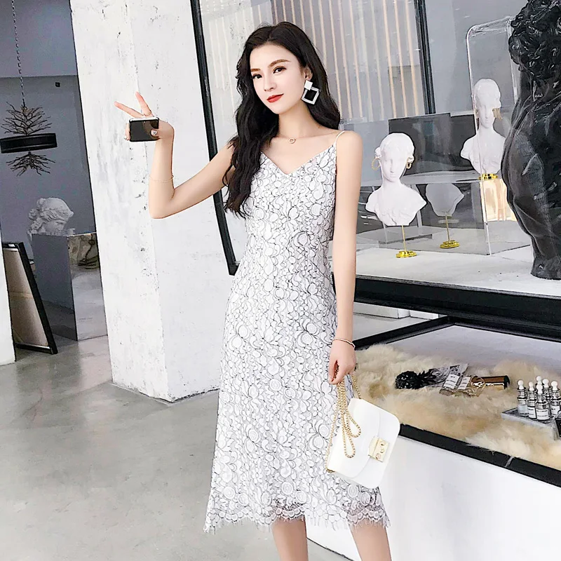 

Summer Hepburn White Lace Chic Dresses 2019 New Elegant Women Club Sexy Off Shoulder Sling Midi Sundress Party Casual Vestidos