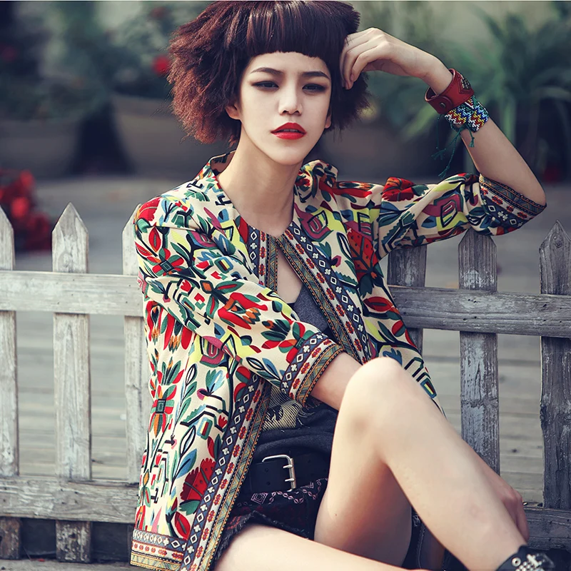 2017Autumn women original folk style Gypsy printing maze three quarter jacket ladies embroidery thin casual bohemian slim jacket