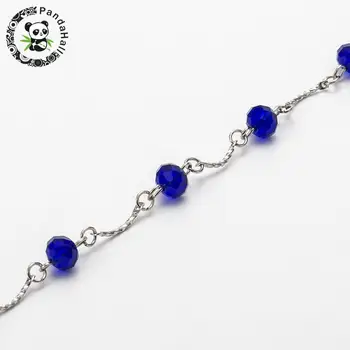 

8mm Handmade Faceted Abacus Glass Beads Chains for Necklaces Bracelets Making, with Brass Bar Links and Iron Eyepins, MediumBlue