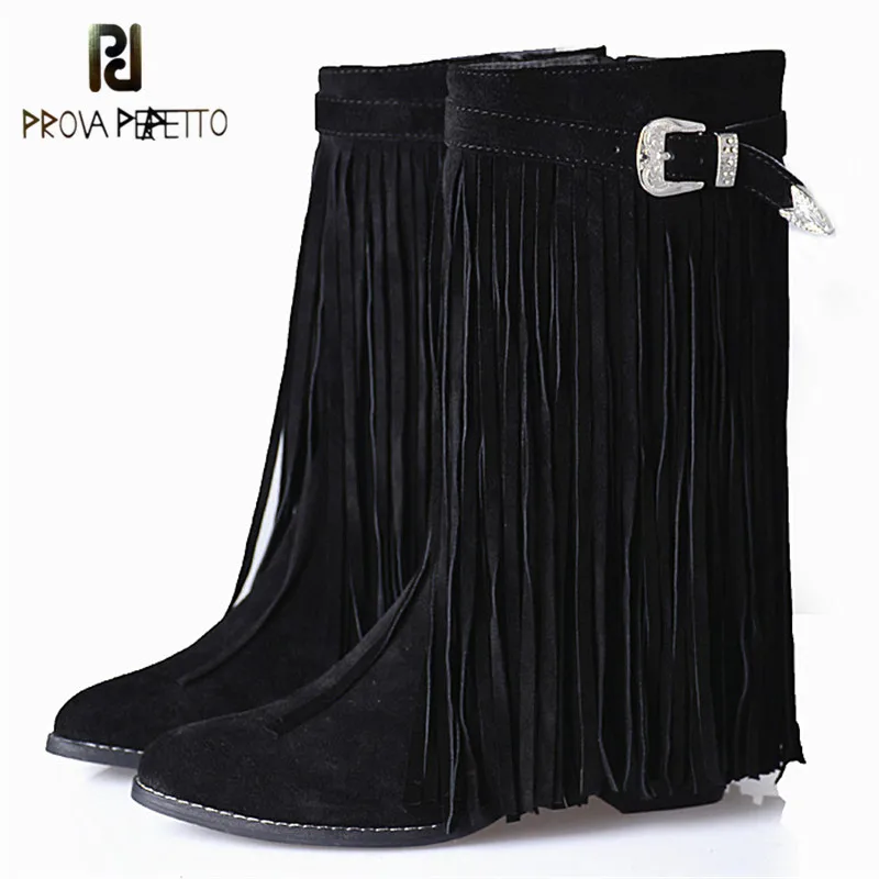 

Prova Perfetto Whole Fringe Around Cow Suede Boots Women Solid Color Rivets Slip On Convenience High Heels Boots Warm For Female