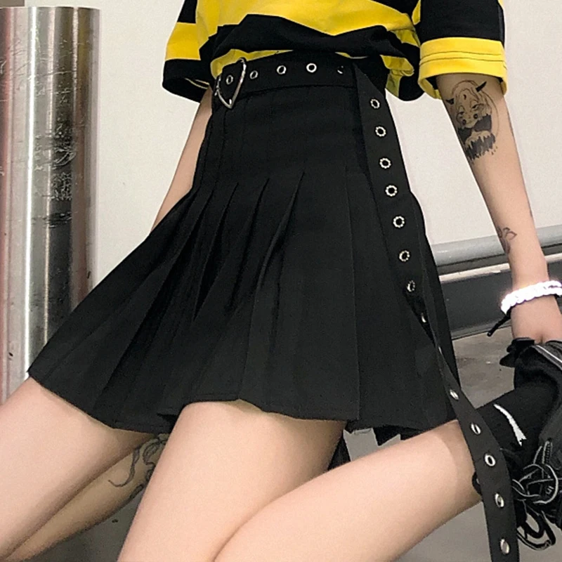 Harajuku стиль Slim fit Женская одежда лето А-силуэт плиссированная юбка черный Мода хипстер бренды Высокая талия мини-юбки Новые