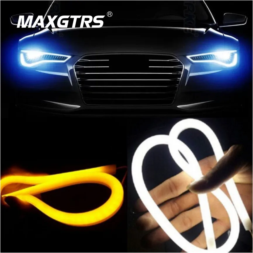 

2x 30 45cm 60cm 85cm Daytime Running Light Universial Flexible Soft Tube Guide Car LED Strip White DRL Yellow Turn Signal Light