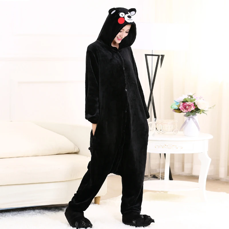 Cute Kumamon Kigurumi Onesie Animal Adult Men Women Black Pajamas For Halloween Party Jumpsuit Soft Flannel Cosplay Costume (5)