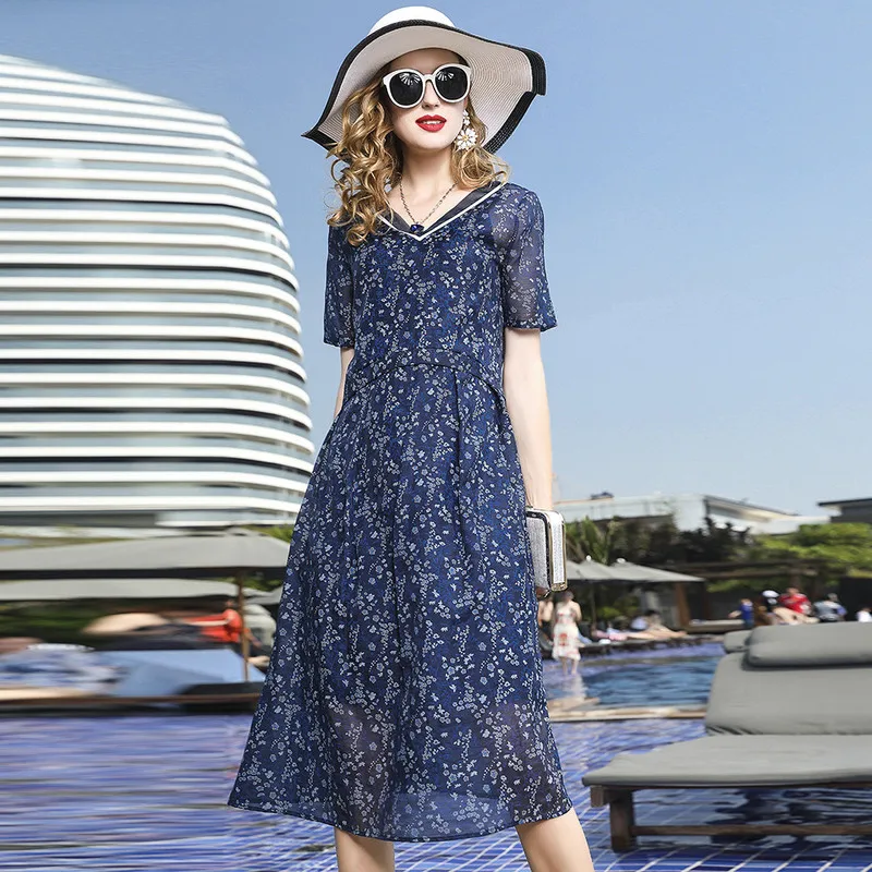 

L3HT1523 Europe and America New Fashion Women Summer Clothing 100% Silk Organza Dresses Women Loose Floral Dress