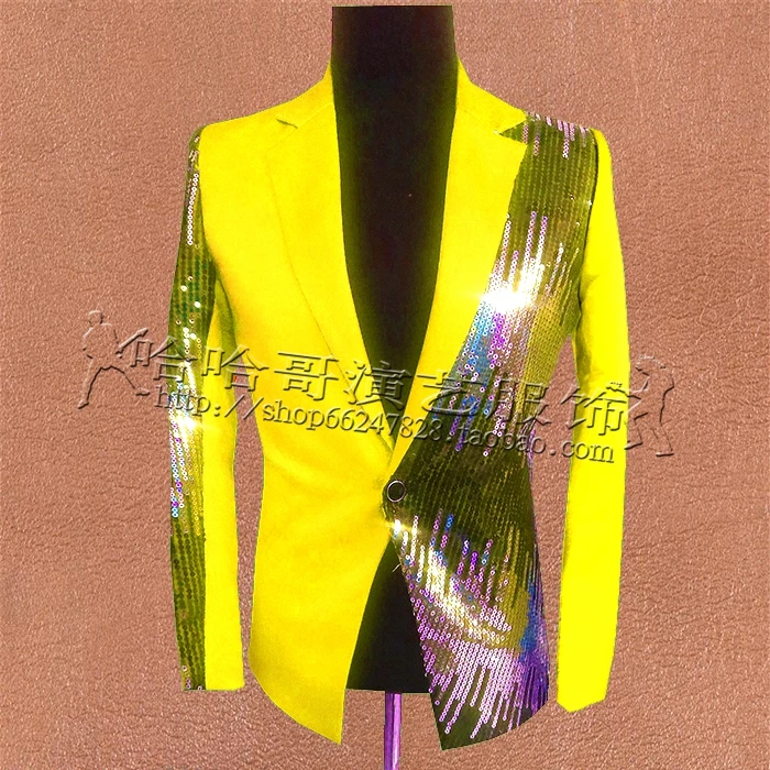 

New Yellow Sequins Men Suits Blazer Business Jacket Coat Male Tuxedos Slim Fit Prom Stage Male Singer Costume Ds Blazers Suit