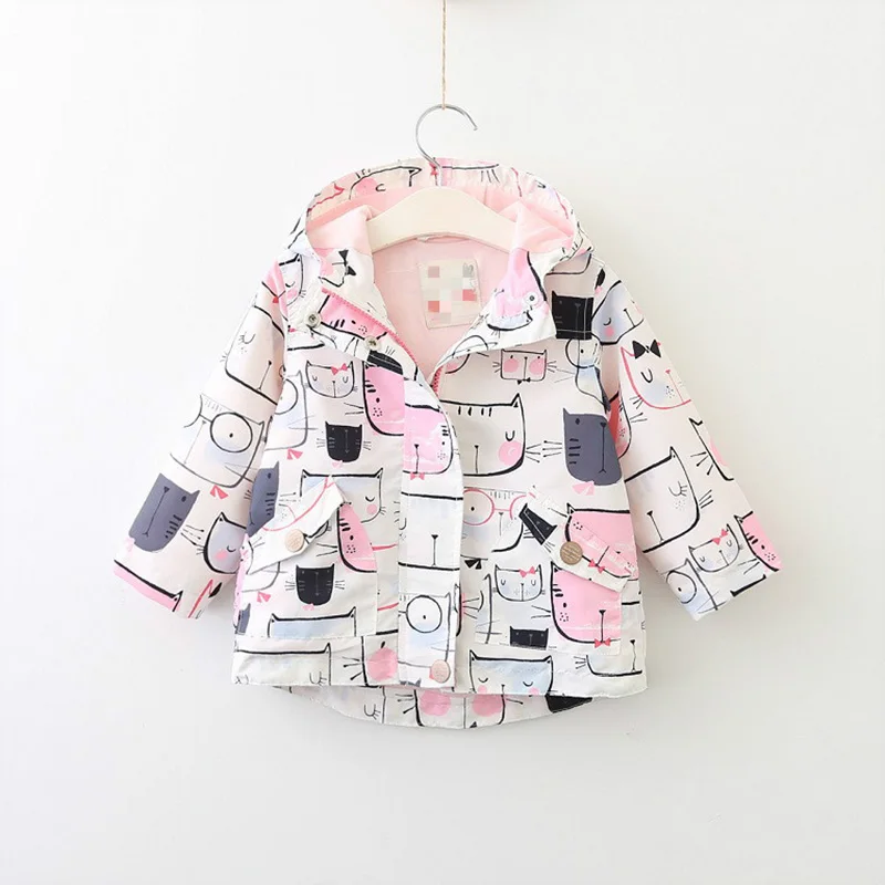 

Spring Autumn Girls Coat Casual Jackets Hooded Zip Outerwear Fashion Cat Printing Windbreaker Children Clothing Cute Girls Coat