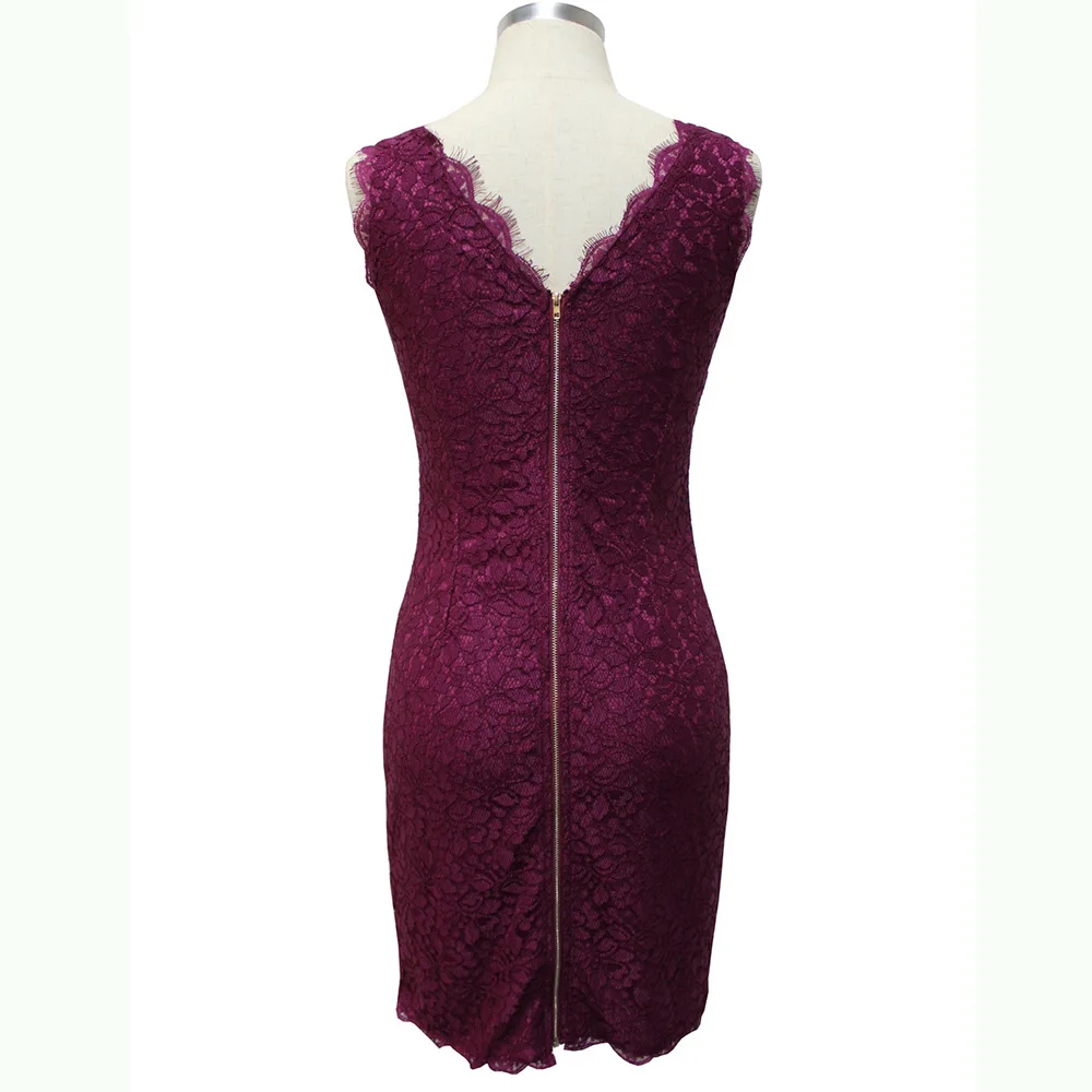 New Bodycon Cocktail Party Elegant Women Sleeveless Full Zip Back Floral Lace Dress Short Burgundy Women Dresses Hot Selling
