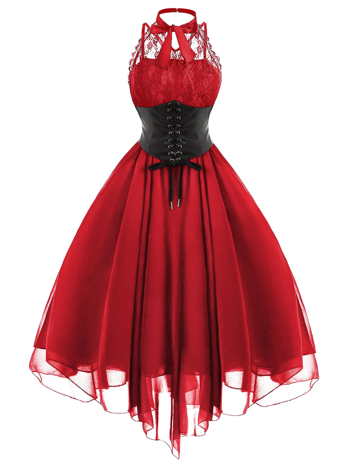 Wisalo, готическое женское платье, vestidos mujer, вечерние платья,, черный, крест-накрест, кружевная панель, корсет с бантами, платья для женщин, 5XL - Цвет: Red