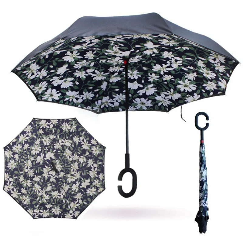 Ветростойкий складной уличный зонтик для дождливой погоды для женщин складной обратный двухслойный зонтик перевернутый ветрозащитный зонтик для автомобиля - Цвет: 9