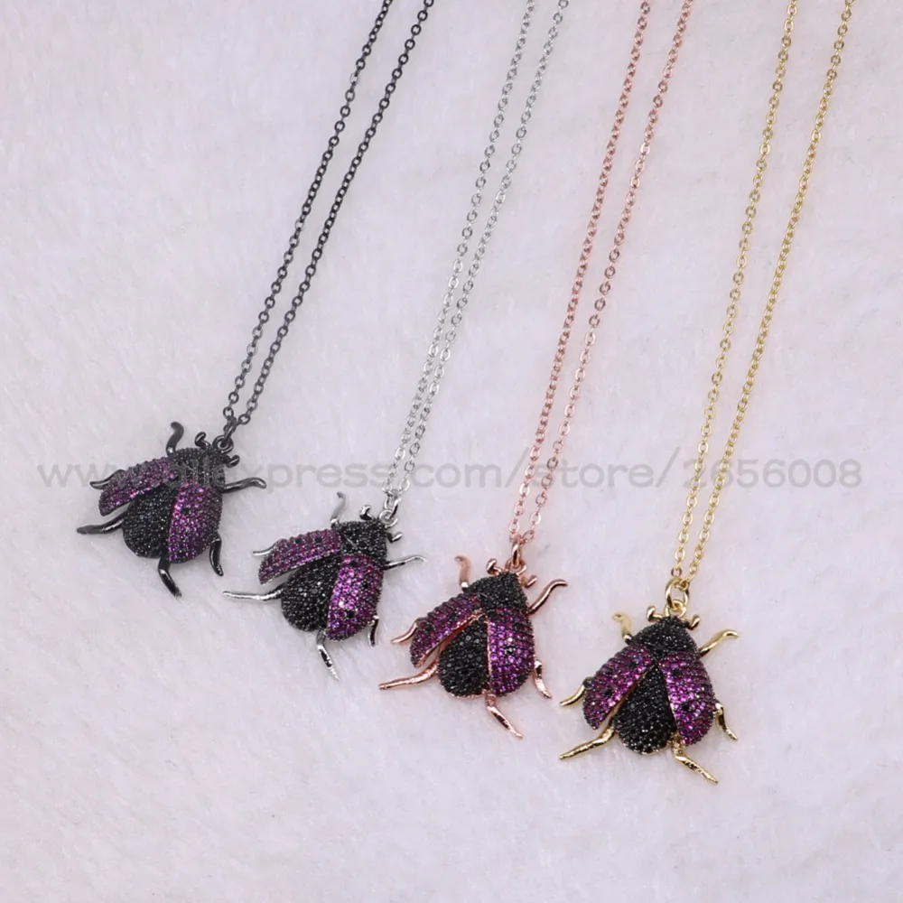 

4 PCs Small size beetles necklace tiny bugs slim chain necklace Mix color micro pave Cubic zircon inset jewelry necklace 3215