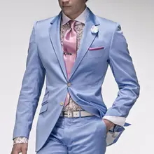 Голубого цвета, модные смокинги, повседневные офисные облегающие мужские костюмы, брендовые 4 предмета(куртка+ брюки+ платок+ галстук), с отворотом, две пуговицы