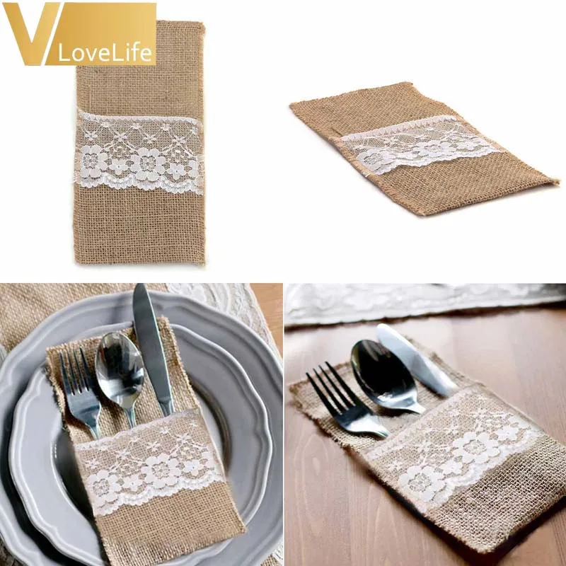 

100pcs Burlap Lace Cutlery Pouch wedding Tableware Party decoration holder Bag Hessian Rustic Jute 4" x 8"