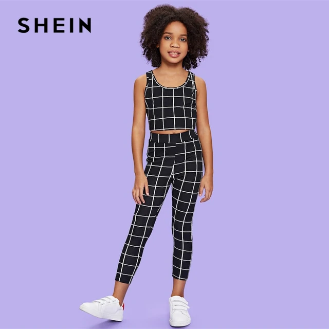 SHEIN Kiddie Black Scoop Neck Plaid Tank Top And Pants Girls Clothing Two Piece Set 2019 Summer
