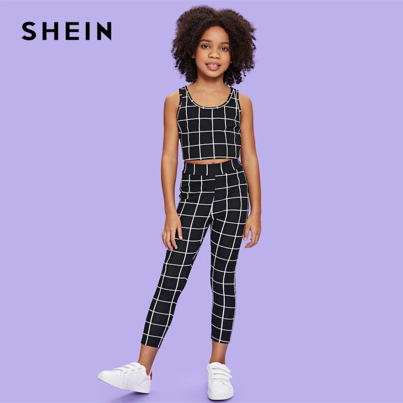 SHEIN كيدي الأسود سكوب الرقبة منقوشة خزان بلوزات وسراويل الفتيات الملابس اثنين من قطعة مجموعة 2019 الصيف الأزياء أكمام الاطفال الملابس