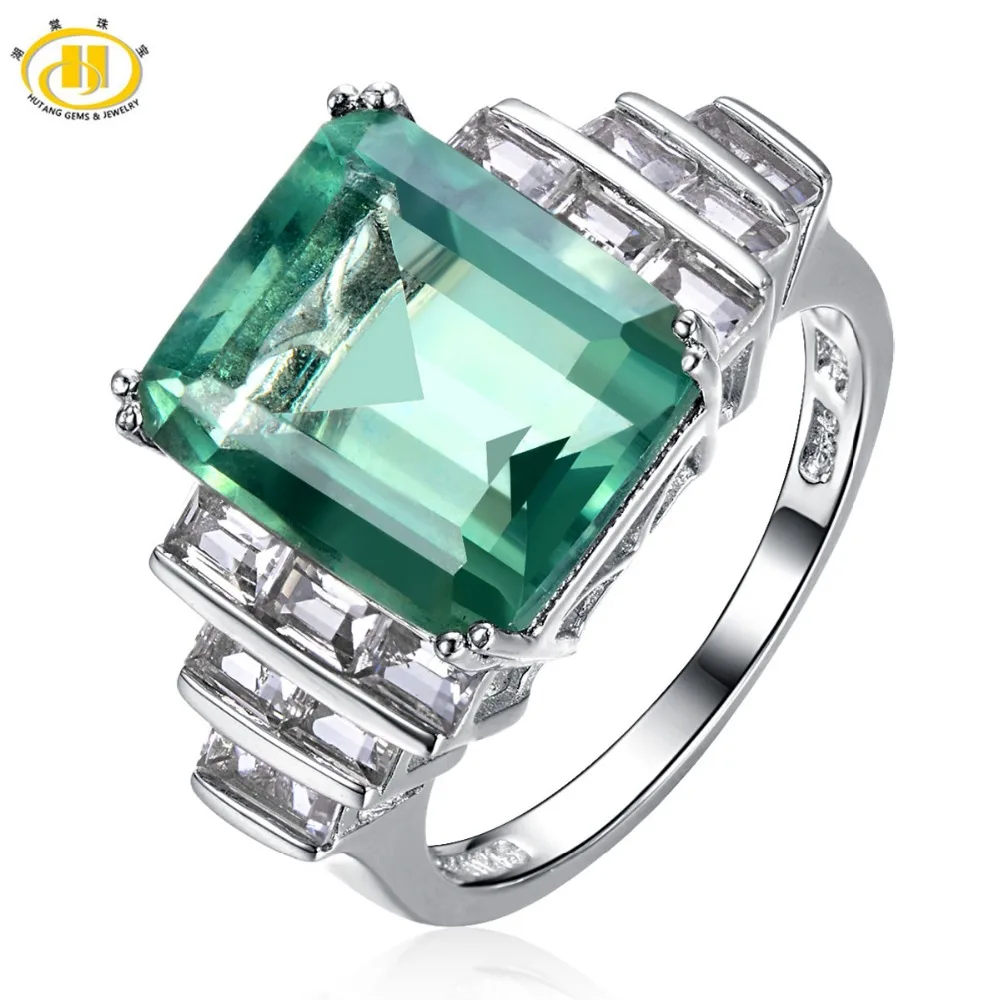 

Hutang -Cocktail Ring- Natural Green Fluorite Rings Solid 925 Sterling Silver Women's Rings Party Fine Jewelry For Women Gift
