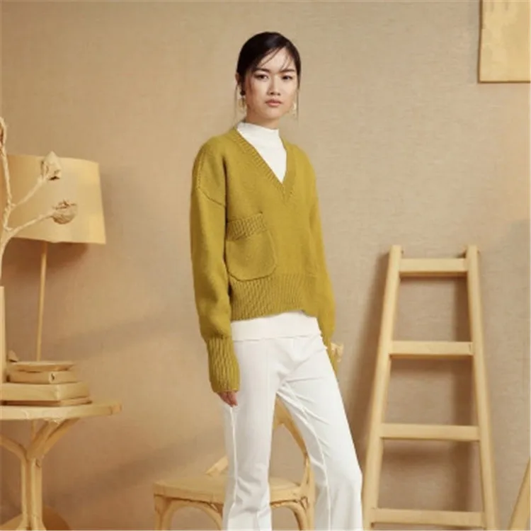  new fashion 100%hand made pure wool Vneck knit women solid H-straight short pullover sweater one&ov