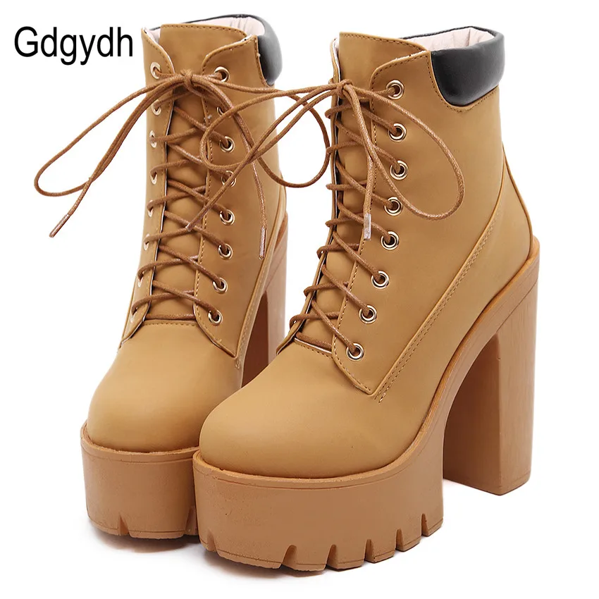 Gdgydh Fashion Spring Autumn Platform Ankle Boots Women Lace Up Thick Heel Platform Boots Ladies Worker Boots Black Big Size 42